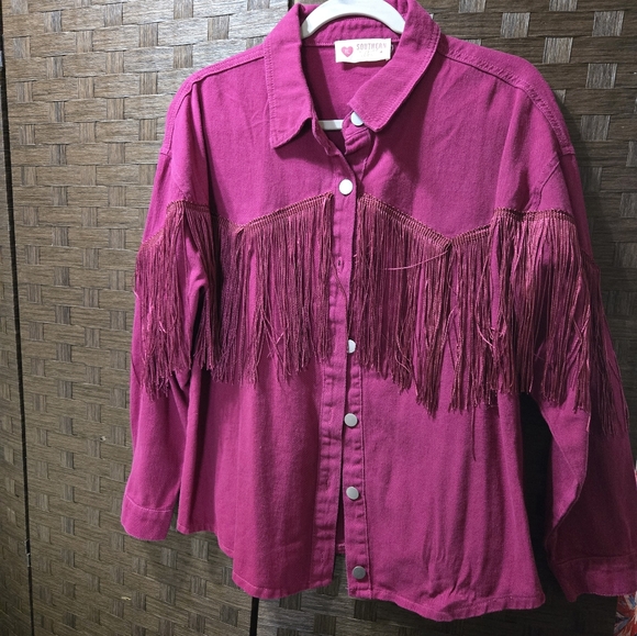 Dark Pink Fringe Button-Up Jean Shacket. NWOT.. Never Worn - Picture 3 of 6